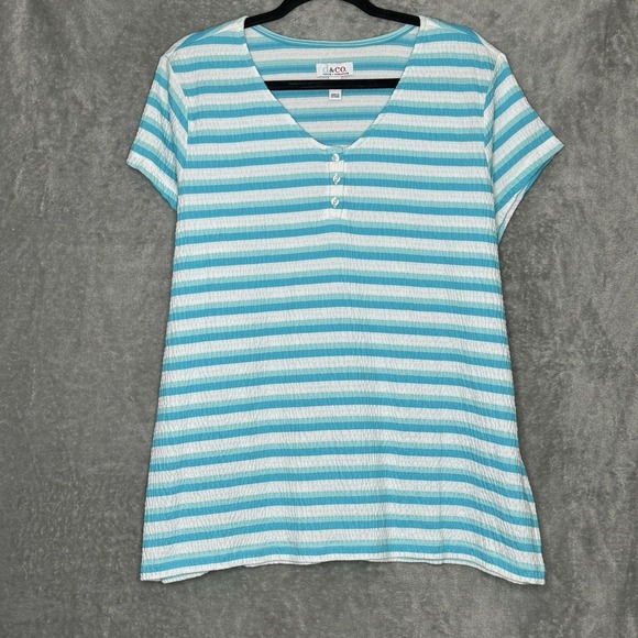 D&Co Denim & Co XL Shirt Top Blue Striped Short Sleeve V Neck Cotton Stretch - Picture 1 of 6